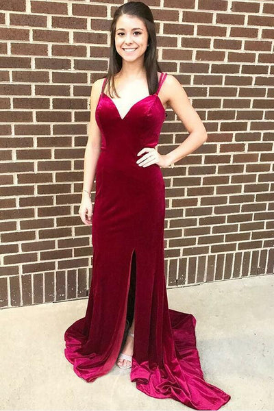 Full Length Velvet Burgundy Prom Evening Dresses with Side Slit ...