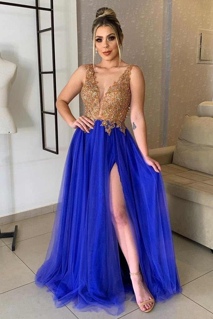Gold Beaded Prom Dress with Royal Blue Tulle Skirt – loveangeldress
