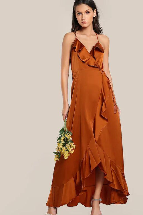 burnt orange satin prom dress