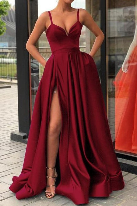 A-line Satin Long Red Prom Dresses with Pockets vestido de formatura ...