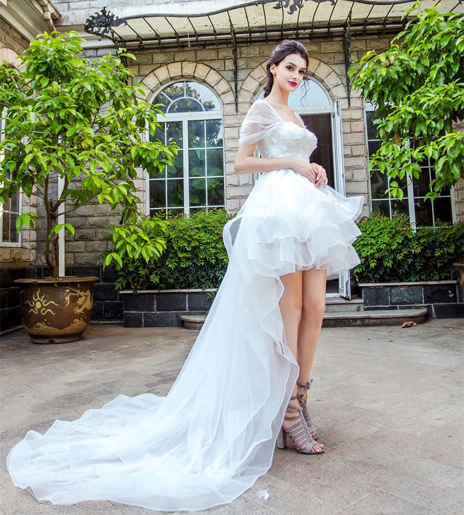 Horsehair Trim Hi-lo Wedding Dresses with Tulle Wrapped Sleeves ...
