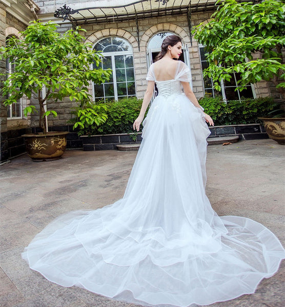 Horsehair Trim Hi-lo Wedding Dresses with Tulle Wrapped Sleeves ...