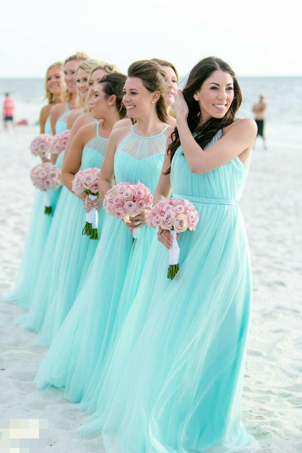 Illusion Halter Tulle Turquoise Bridesmaid Dresses for Beach Weddings ...