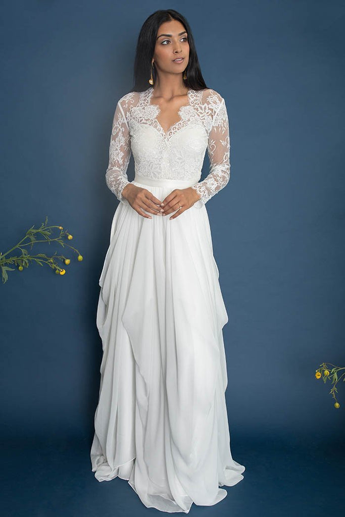 chiffon wedding dress with illusion lace sleeves