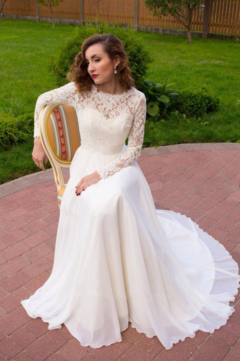 Illusion Lace Long Sleeves Wedding Dress With Chiffon Skirt 