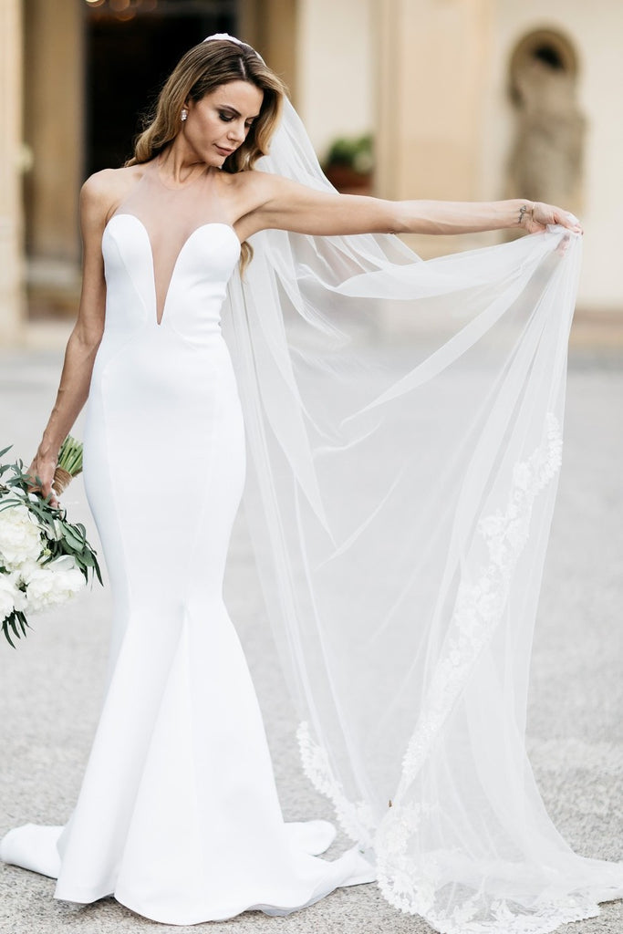 illusion lace and satin mermaid wedding dress