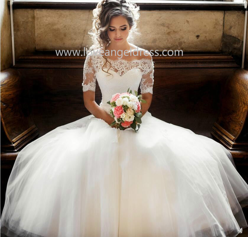 off the shoulder lace sleeve wedding dress