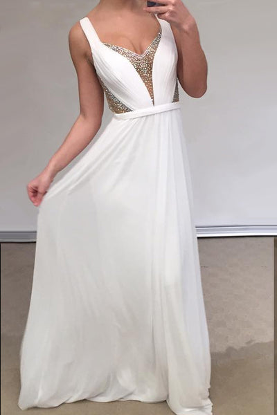 Illusion Plunging V-neck Beaded White Chiffon Prom Dress Long ...