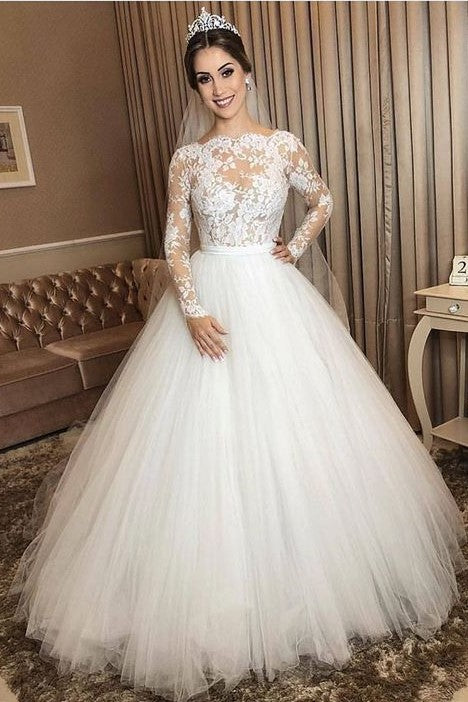 Ivory Tulle Wedding Gown Long Sleeves with Sheer Lace Bodice ...