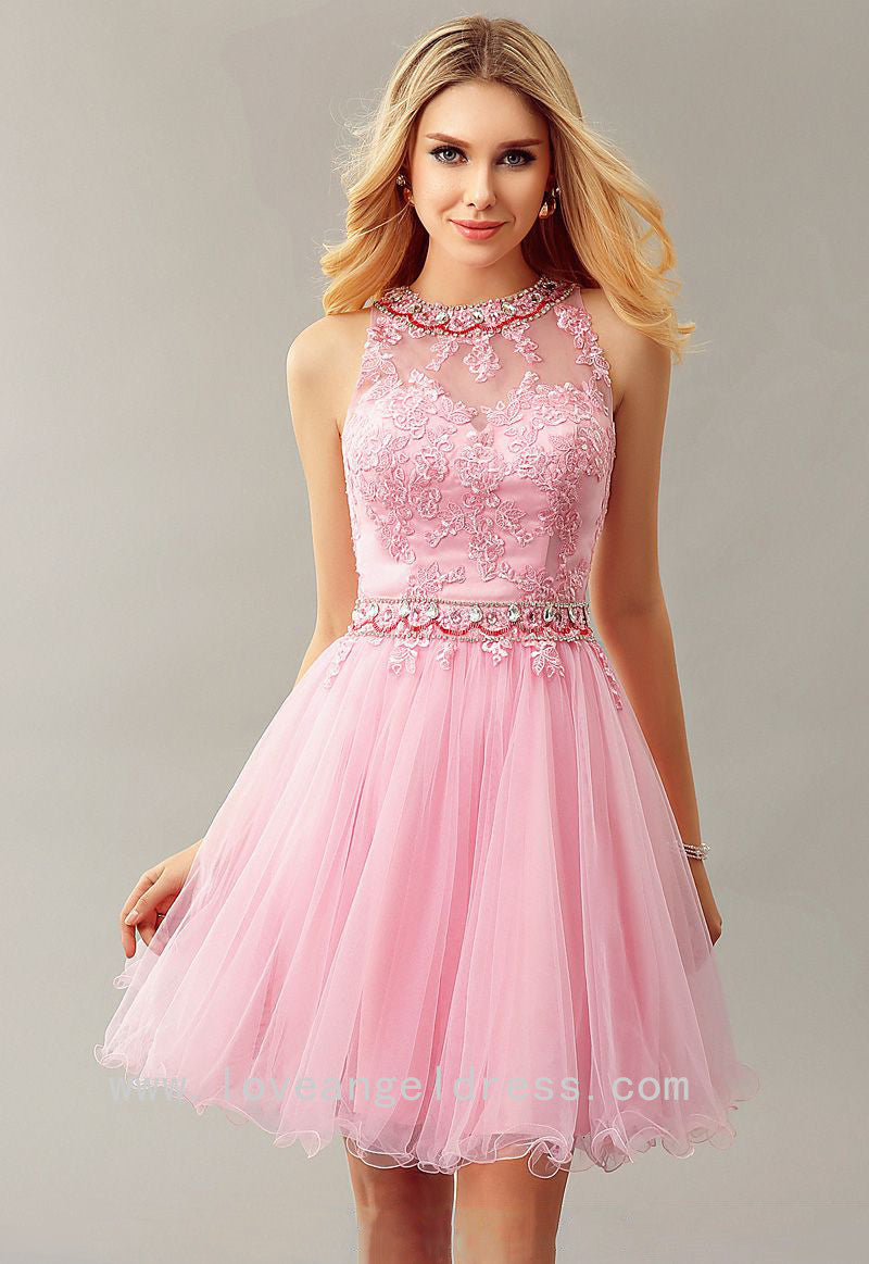 Jewelry Neckline Lace Pink Homecoming Dress Gown Short – loveangeldress
