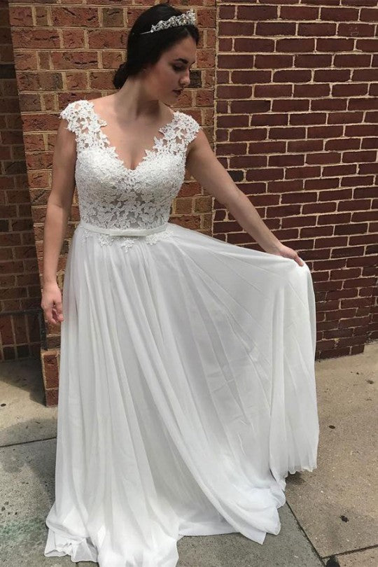 Lace and Chiffon Beach Wedding Dress with V-neckline – loveangeldress