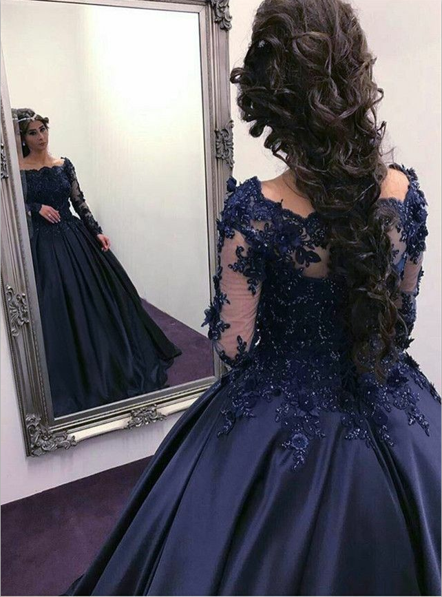 long sleeve navy evening gown