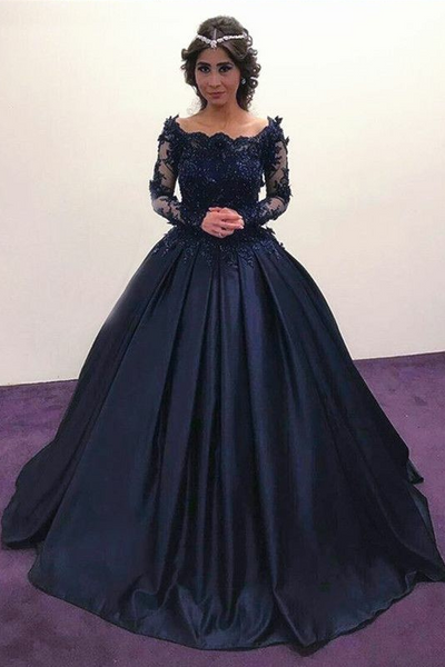 Lace Beaded Long Sleeves Navy Prom Ball Gown Dress Boat Neck ...