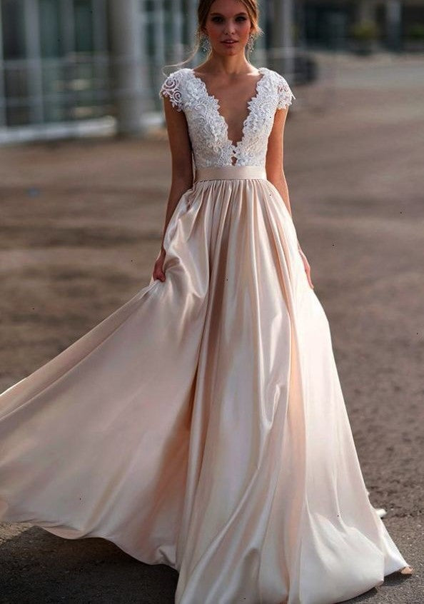 Lace Cap Sleeves Wedding Dress With Champagne Skirt Loveangeldress