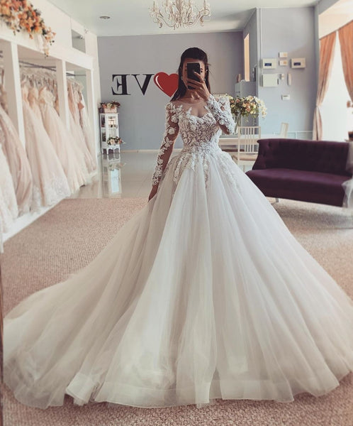 Lace Flower Long Sleeve Wedding Dresses Tulle Skirt – loveangeldress