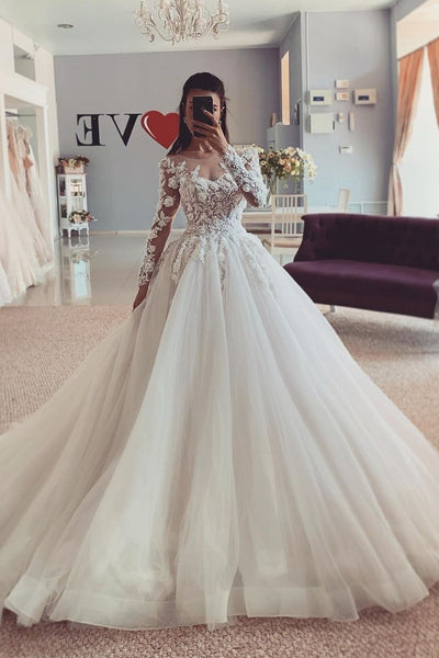 Lace Flower Long Sleeve Wedding Dresses Tulle Skirt – loveangeldress
