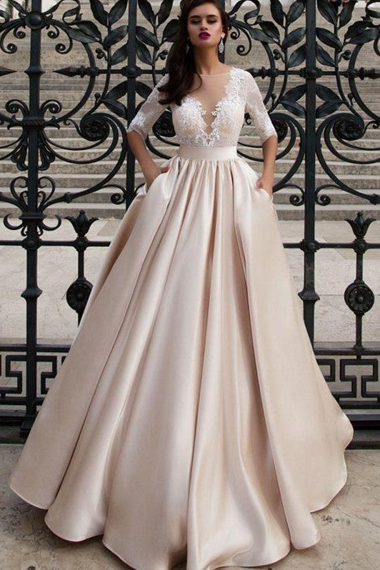 Lace Half Sleeves Champagne Wedding Dress with Sheer Neckline ...