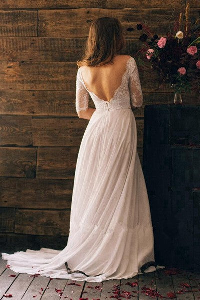 Lace Chiffon Backless Boho Wedding Gowns with Sleeves – loveangeldress