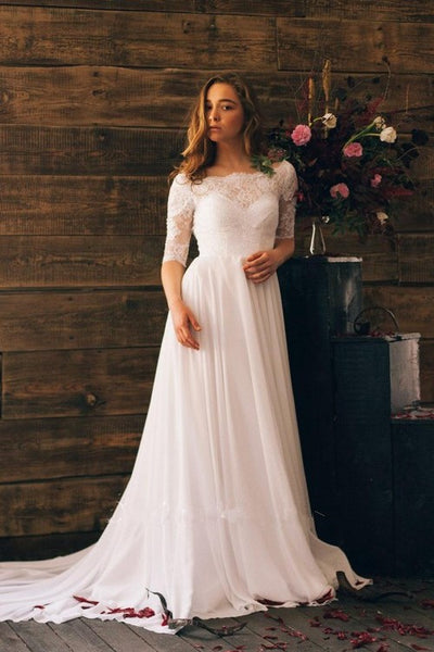 Lace Chiffon Backless Boho Wedding Gowns with Sleeves – loveangeldress