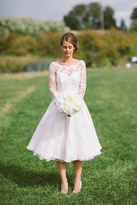 Lace Long Sleeves Tea-Length Wedding Dresses with Organza Skirt
