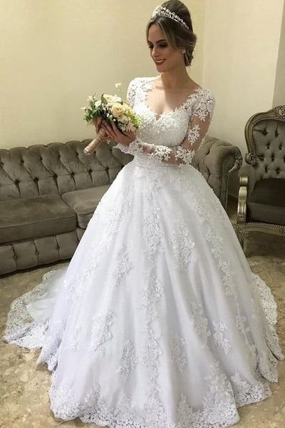 Lace Long-sleeves Winter Wedding Dress with Illusion Neckline ...