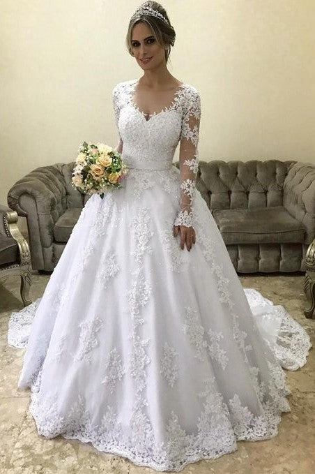 Lace Long-sleeves Winter Wedding Dress with Illusion Neckline ...