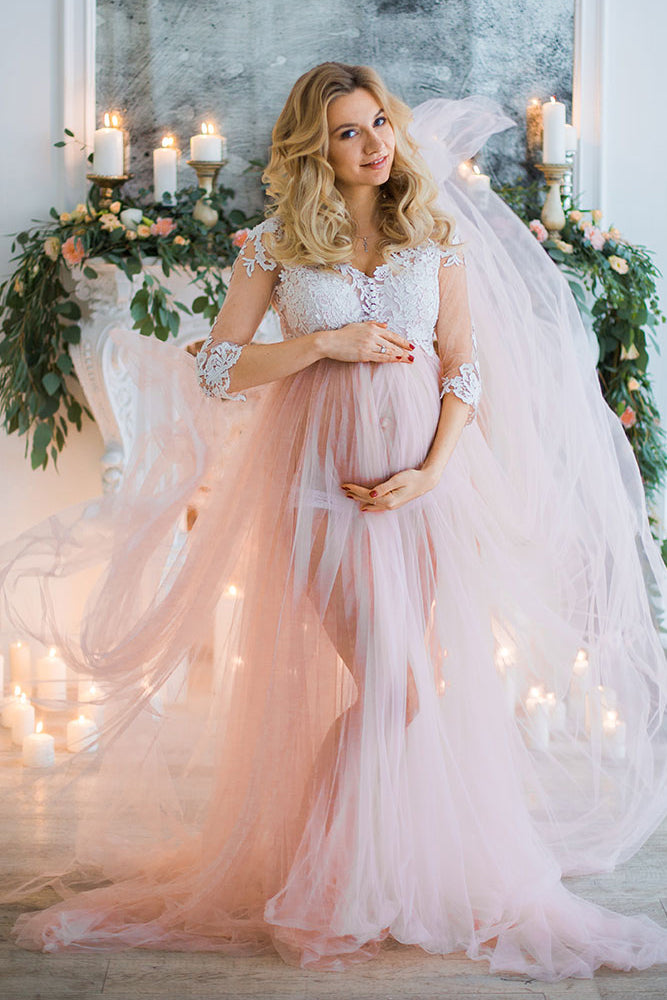 Lace Sleeves Maternity Prom Dresses with Tulle Skirt – loveangeldress