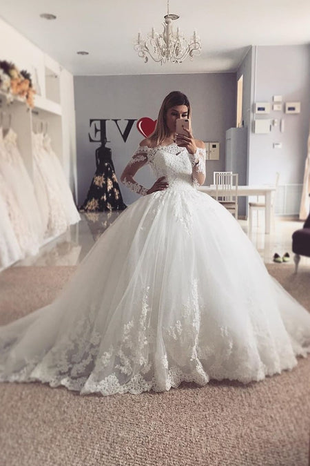 Lace Tulle Ball Gown Long Sleeved Wedding Dress Off The Shoulder 