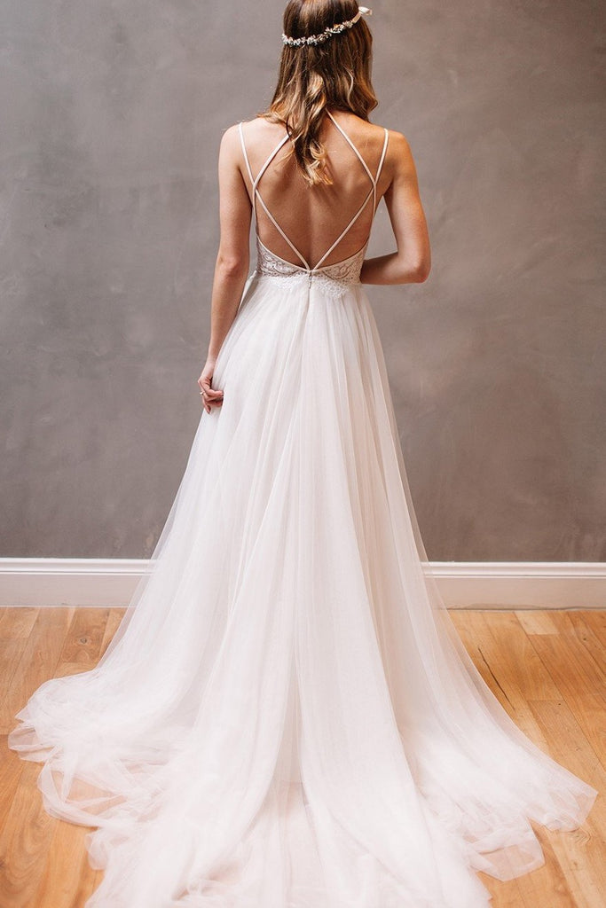 Lace Tulle Beach Casual Wedding Dress With Strappy Back Detail