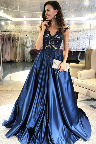 Lace V-neckline Navy Blue Evening Dress with Satin Skirt – loveangeldress