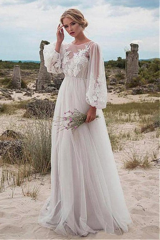 Lantern Sleeves Boho Bride Dress Lace Tulle Beach Weddings Loveangeldress 2805