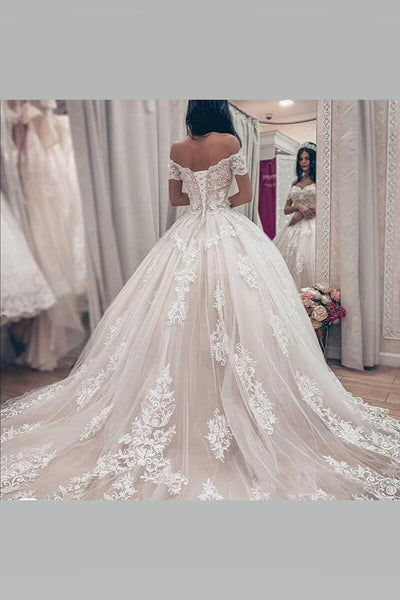Lavish Lace Wedding Ball Gown Dress with Off-the-shoulder Sleeves ...