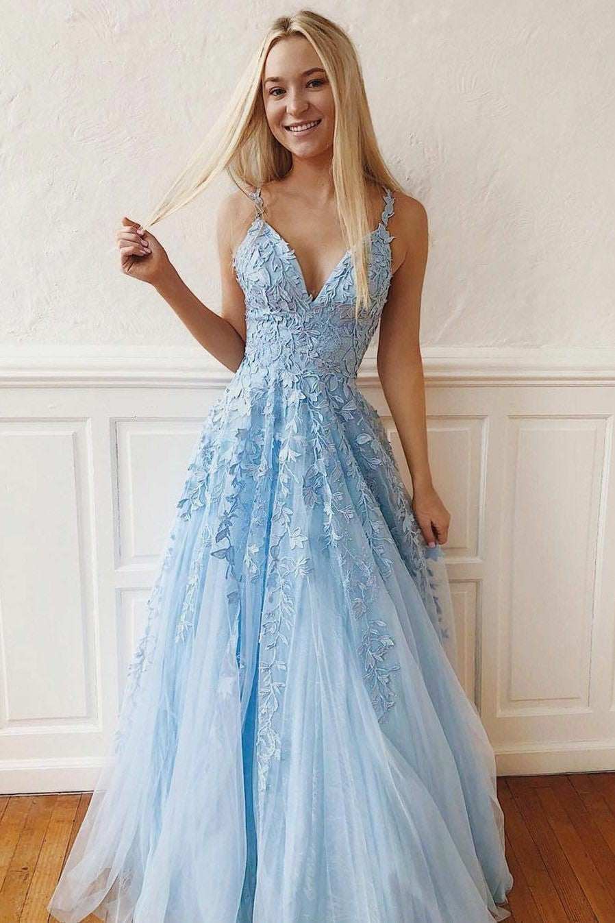 Light Blue Floral Lace Prom Dresses Tulle Skirt V Neckline Loveangeldress 