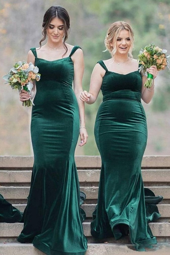 Long Dark Green Velvet Bridesmaid Dresses with Double Straps