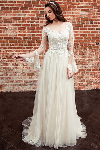 Long Lace Sleeves Bride Dresses with See-through Neckline – loveangeldress