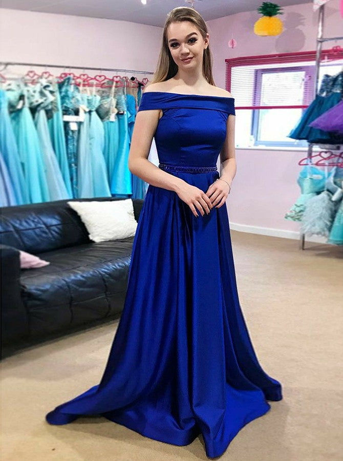 Long Royal Blue Evening Gown with Fold Off-the-shoulder – loveangeldress