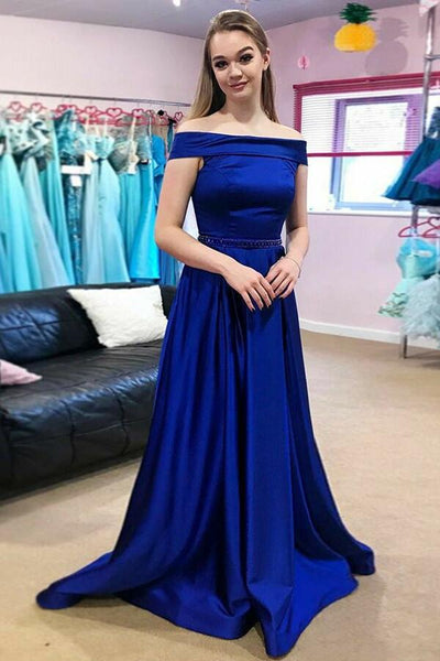 Long Royal Blue Evening Gown with Fold Off-the-shoulder – loveangeldress