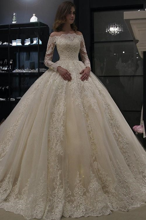 Long Sleeves Lace Wedding Dress Ball Gown Off The Shoulder Loveangeldress 