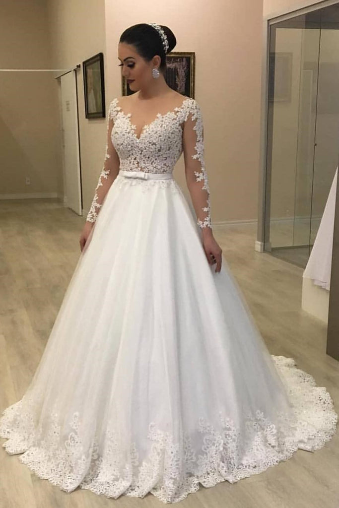 Long Sleeves Plus Size Wedding Gown with Sheer Lace Bodice