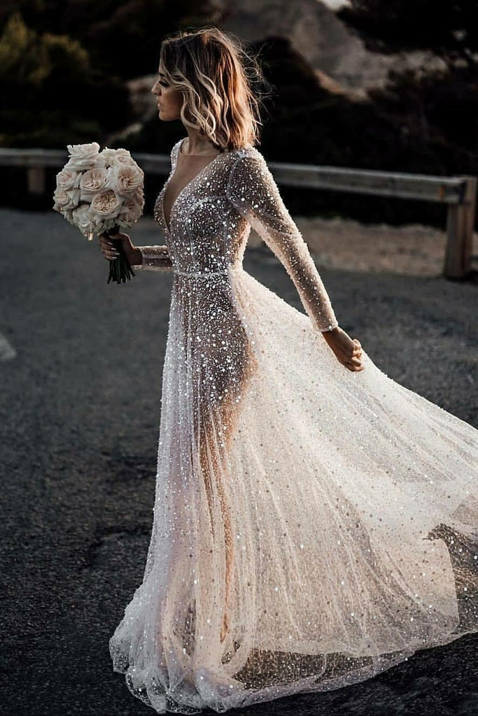 Luxury Rhinestones Wedding Dress With Illusion Long Sleeves Loveangeldress