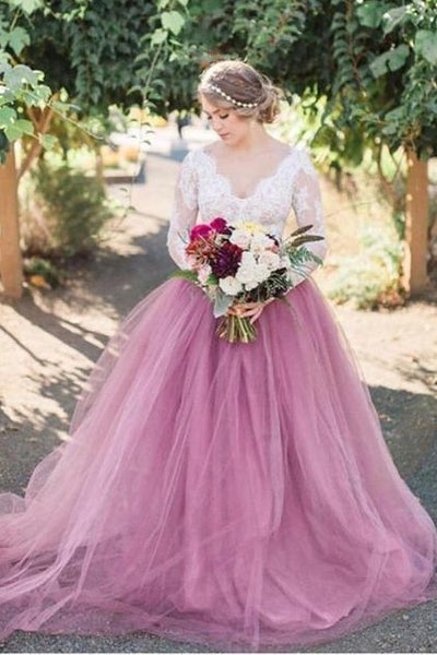 Mauve Colored Tulle Wedding Dress with Long Lace Sleeves ...