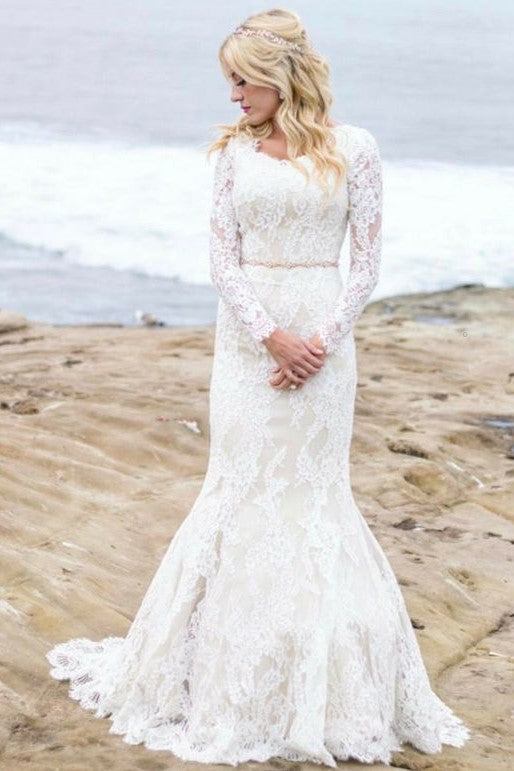 Mermaid Winter Wedding Dress with Lace Long Sleeves