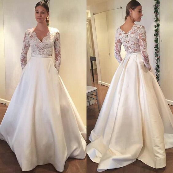 Modern Illusion Lace Long Sleeves Wedding Dresses with Satin Skirt ...