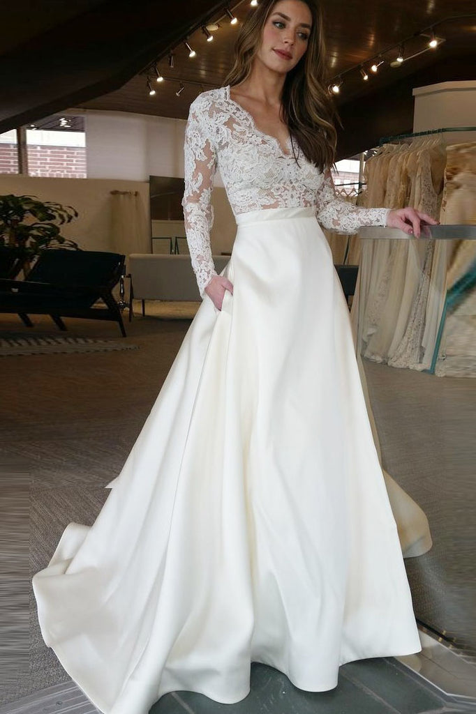 lace bodice satin skirt wedding dress