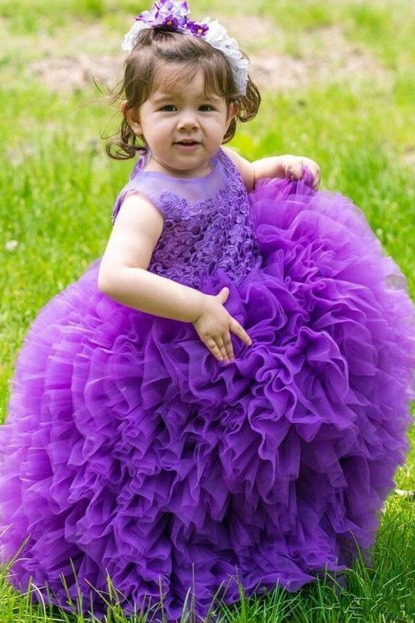 Multi Tiers Tulle Lace Ball Gown for Kids Wedding Party Dress Purple ...