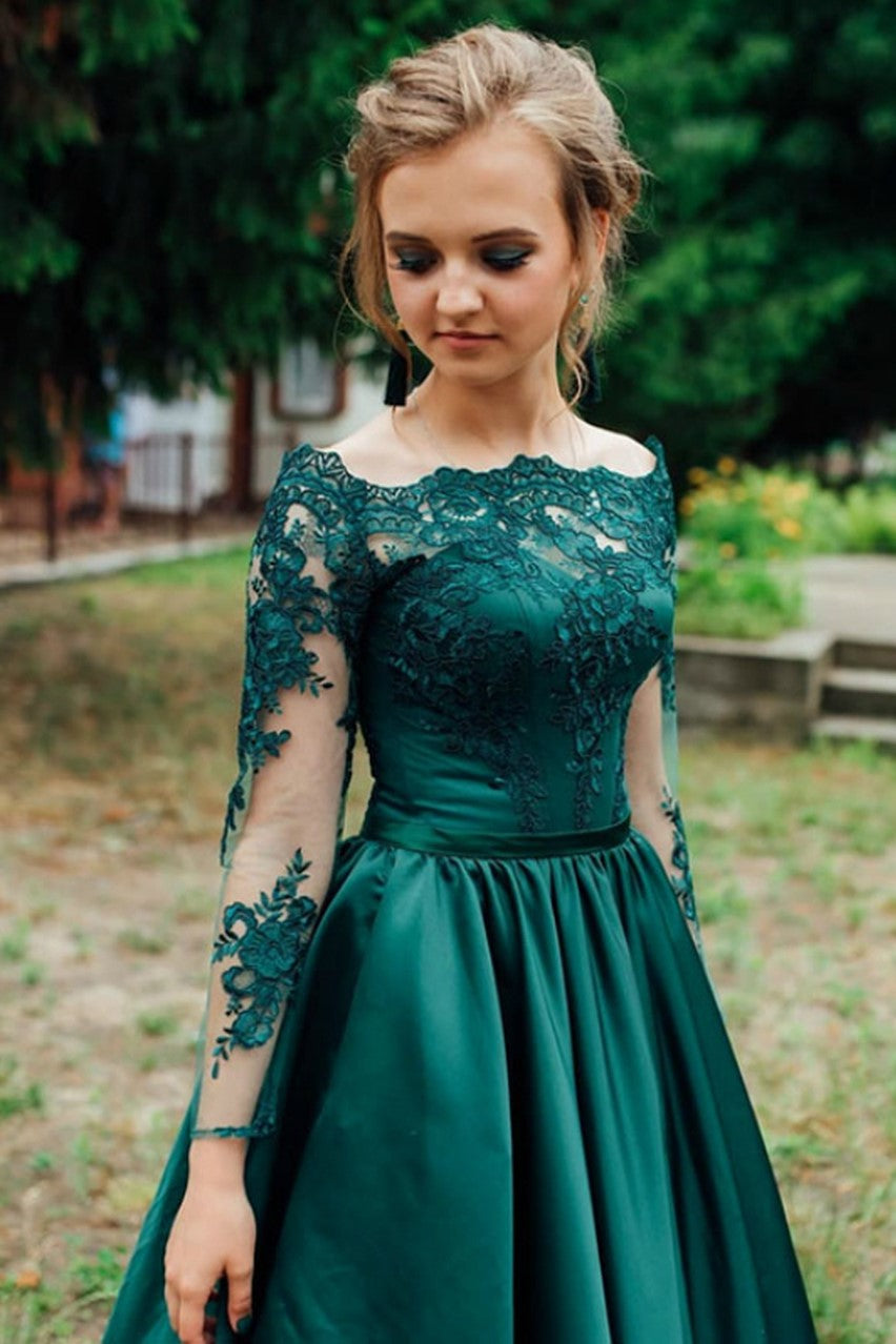 Off-the-shoulder Lace Long Sleeves Evening Dress Green Satin Skirt ...