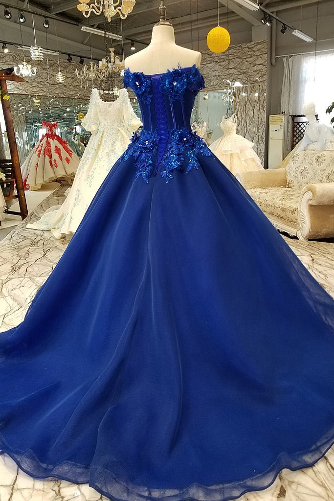 Off-the-shoulder Royal Blue Evening Dresses with 3D Floral Lace ...