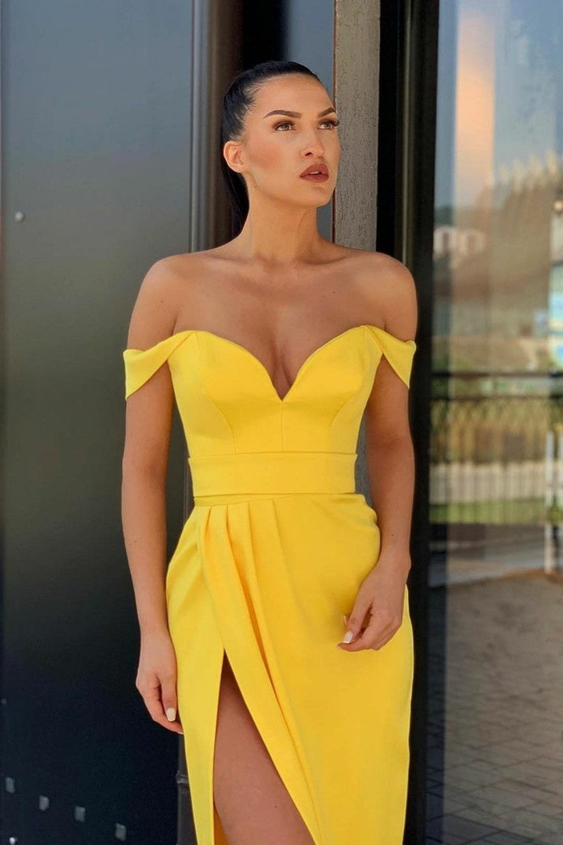 Off The Shoulder Satin Yellow Prom Dresses With Leg Slit Loveangeldress 1807