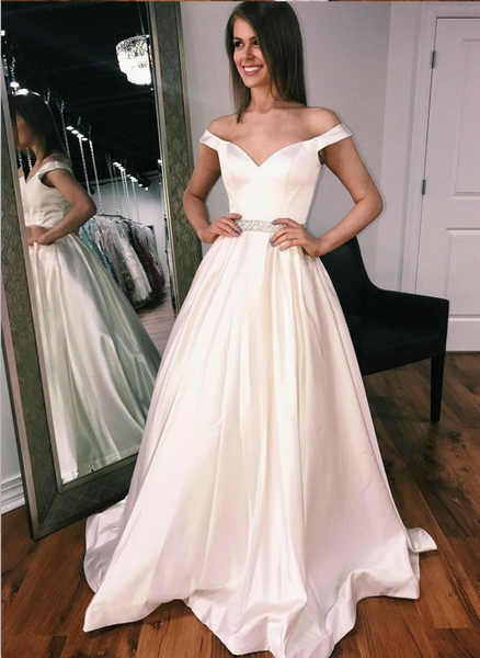 Off-the-shoulder Sweetheart A-line Satin Wedding Gown with Beaded Belt ...