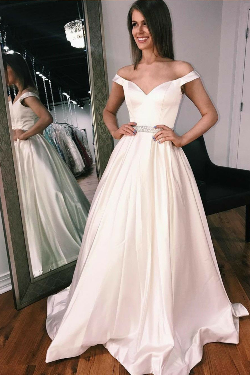 Off-the-shoulder Sweetheart A-line Satin Wedding Gown with Beaded Belt ...